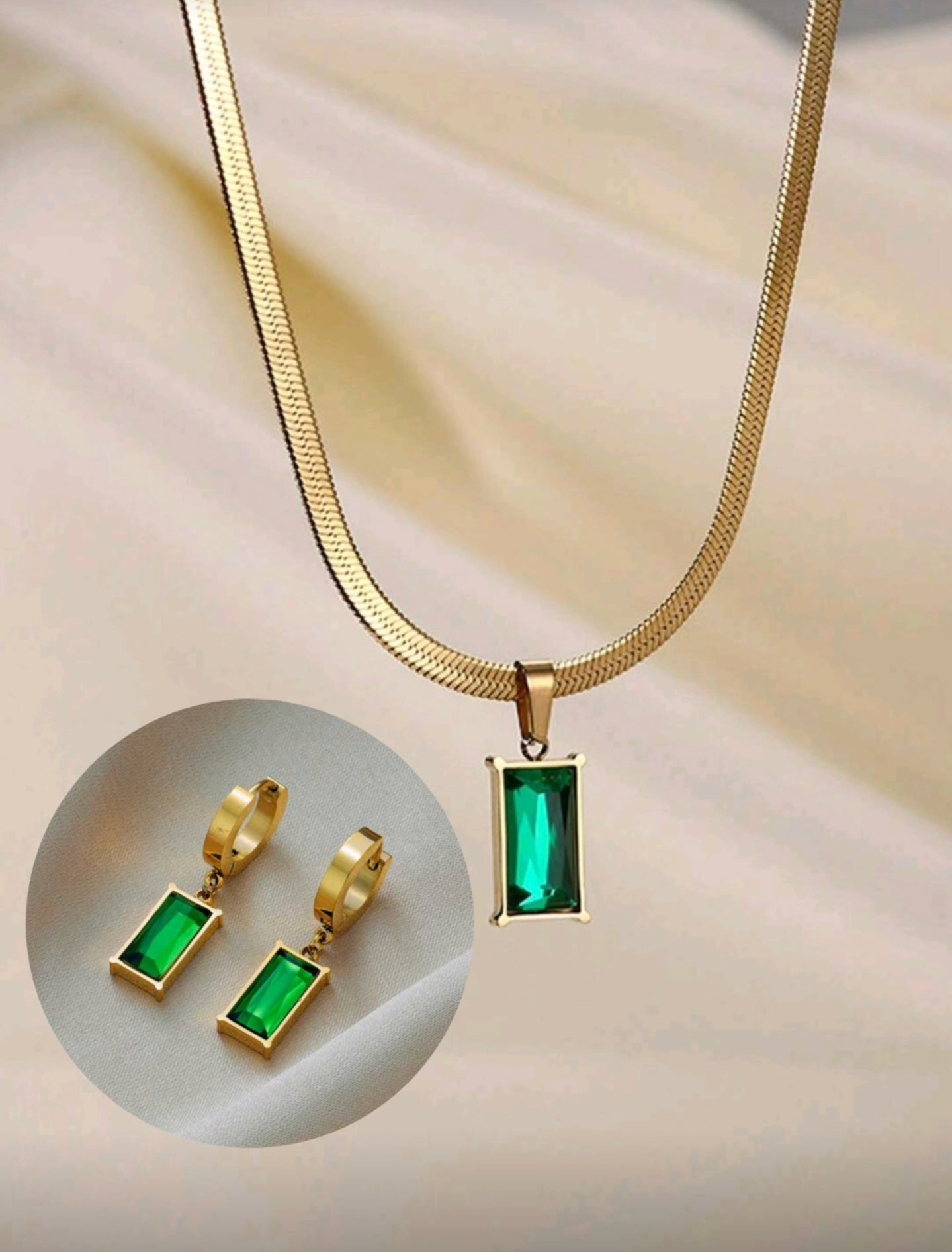 Emerald Luxe Pendant & Drop Hoop Set - Gold-Plated Stainless Steel Chain with Emerald Pendant & Delicate Emerald Drop Hoop Earrings