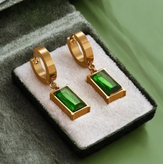 Emerald Luxe Hoops – 18K Gold Plated Stainless Steel Green Zircon Earrings