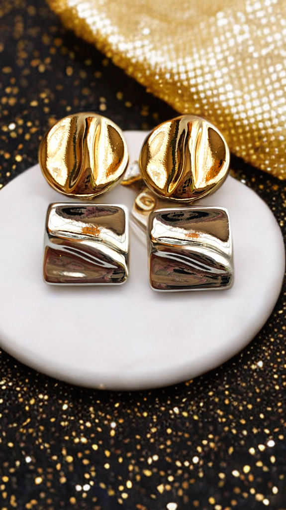 Dual Dangle Silver & Gold Earrings – Stainless Steel Geometric Round & Square Stud Earrings for Women