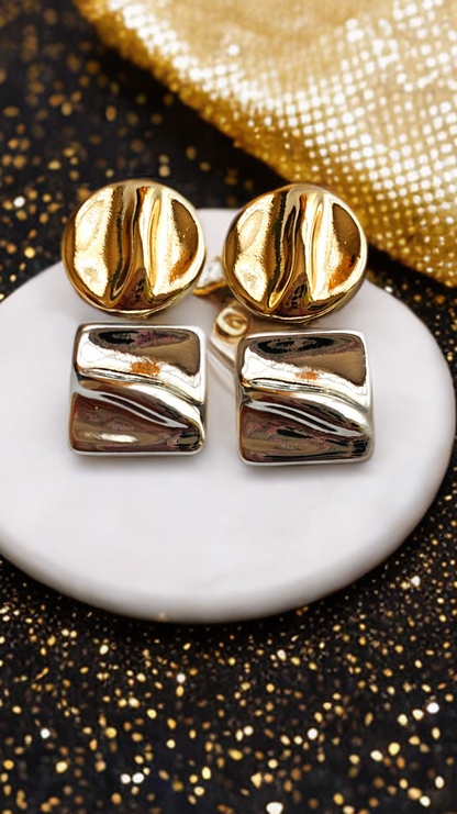 Dual Dangle Silver & Gold Earrings – Stainless Steel Geometric Round & Square Stud Earrings for Women