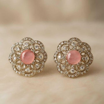 Graceful Blossom AD Stud Earrings - Lightweight Brass AD Flower Stud Earrings with Baby Pink Centre Stone