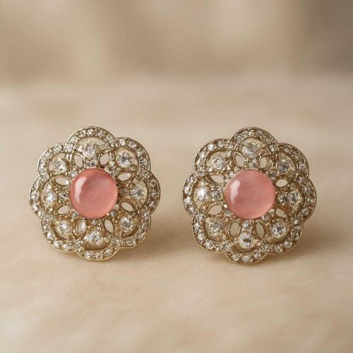 Graceful Blossom AD Stud Earrings - Lightweight Brass AD Flower Stud Earrings with Baby Pink Centre Stone