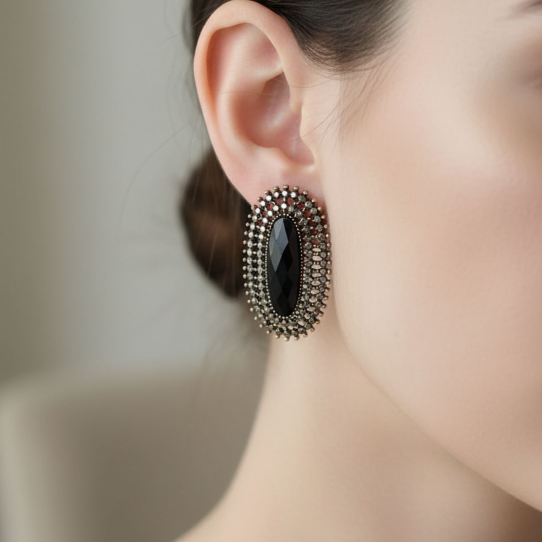 Antique Earrings - Statement Earrings with Black Oval Center Stone