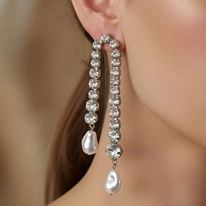 Long Dangling Earrings with Cubic Zirconia & Pearl – Zinc & Alloy