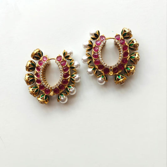 Traditional Indian Minakari Hoop Earrings with Pearls in Green & Pink