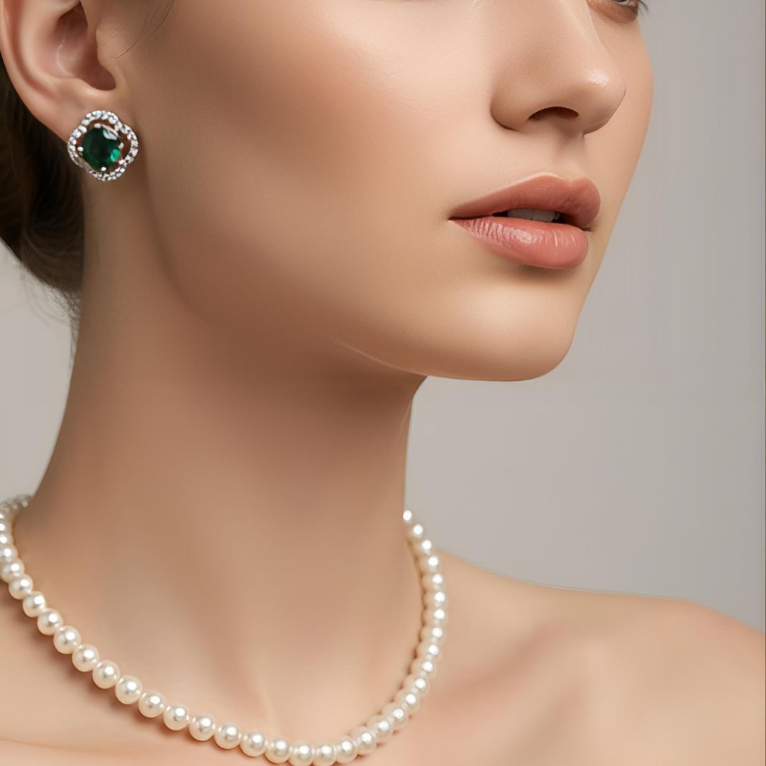 Silver Plated Pearl Necklace Set with Emerald Green Stud Earrings for Women