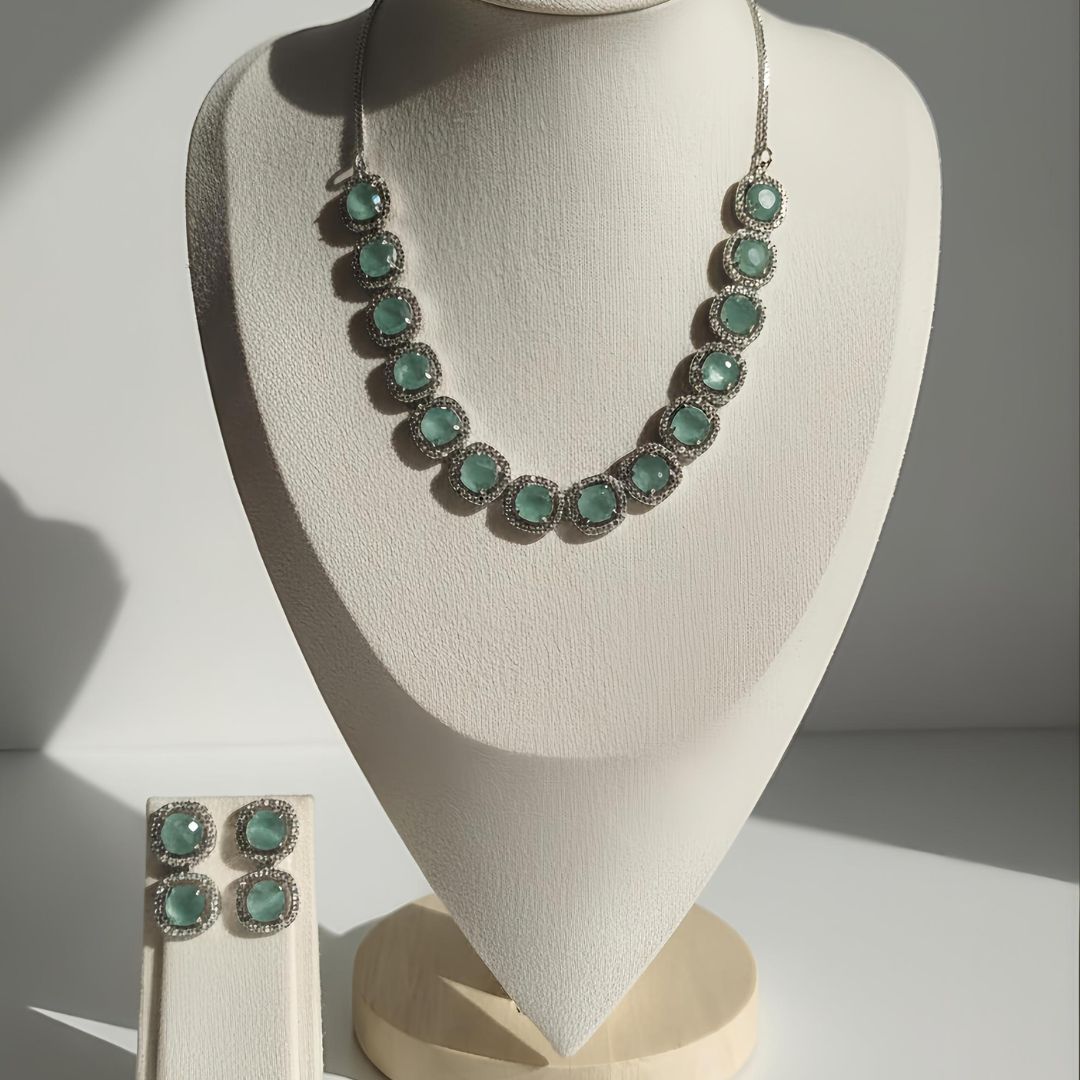 Mint Green Stone Necklace and Earrings Set in Silver Plating for Women
