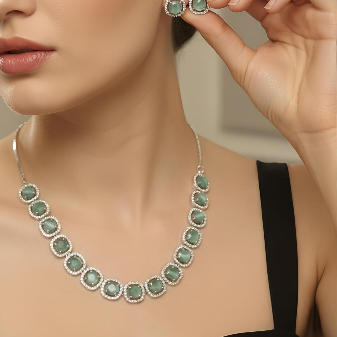 Mint Green Stone Necklace and Earrings Set in Silver Plating for Women