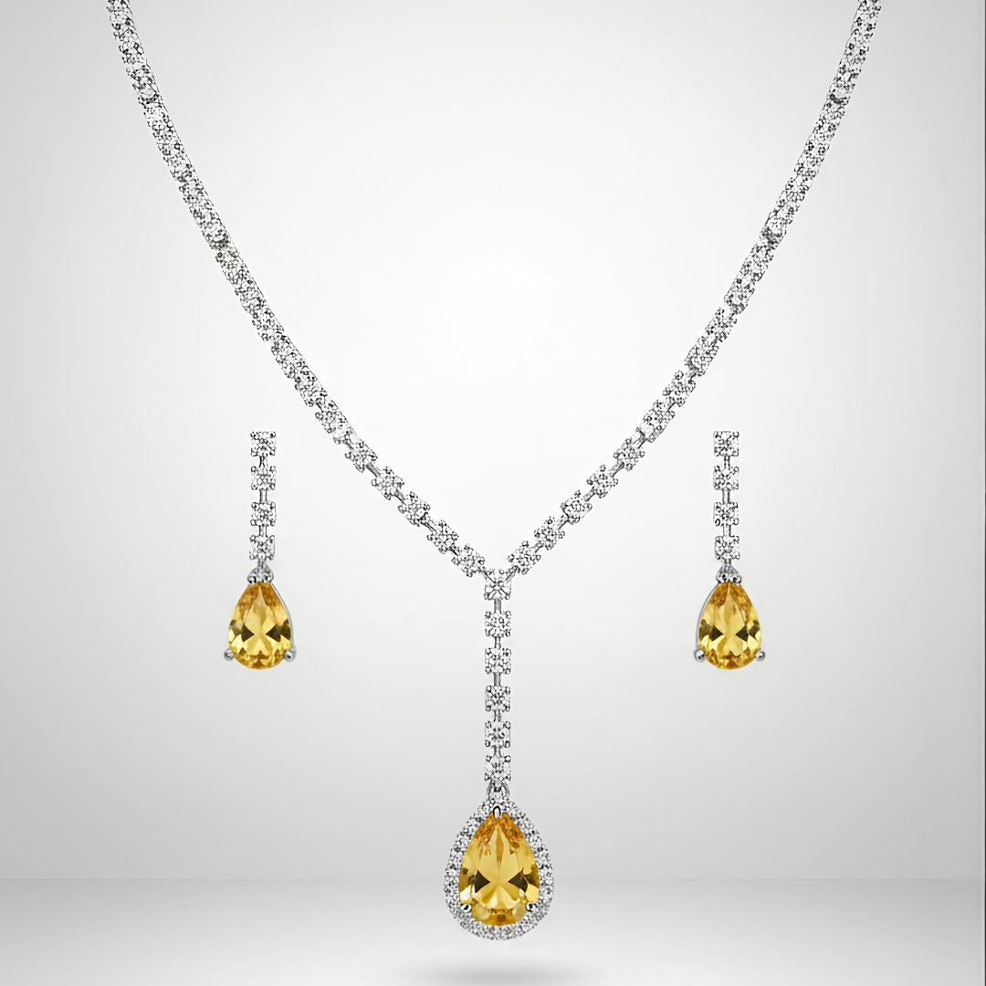 Yellow Zircon Necklace and Earrings Set with AD Stones for Women
