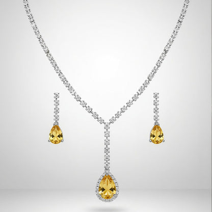 Yellow Zircon Necklace and Earrings Set with AD Stones for Women