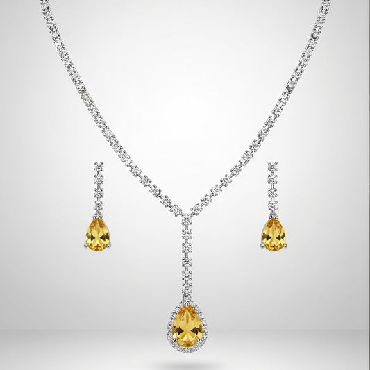 Yellow Zircon Necklace and Earrings Set with AD Stones for Women