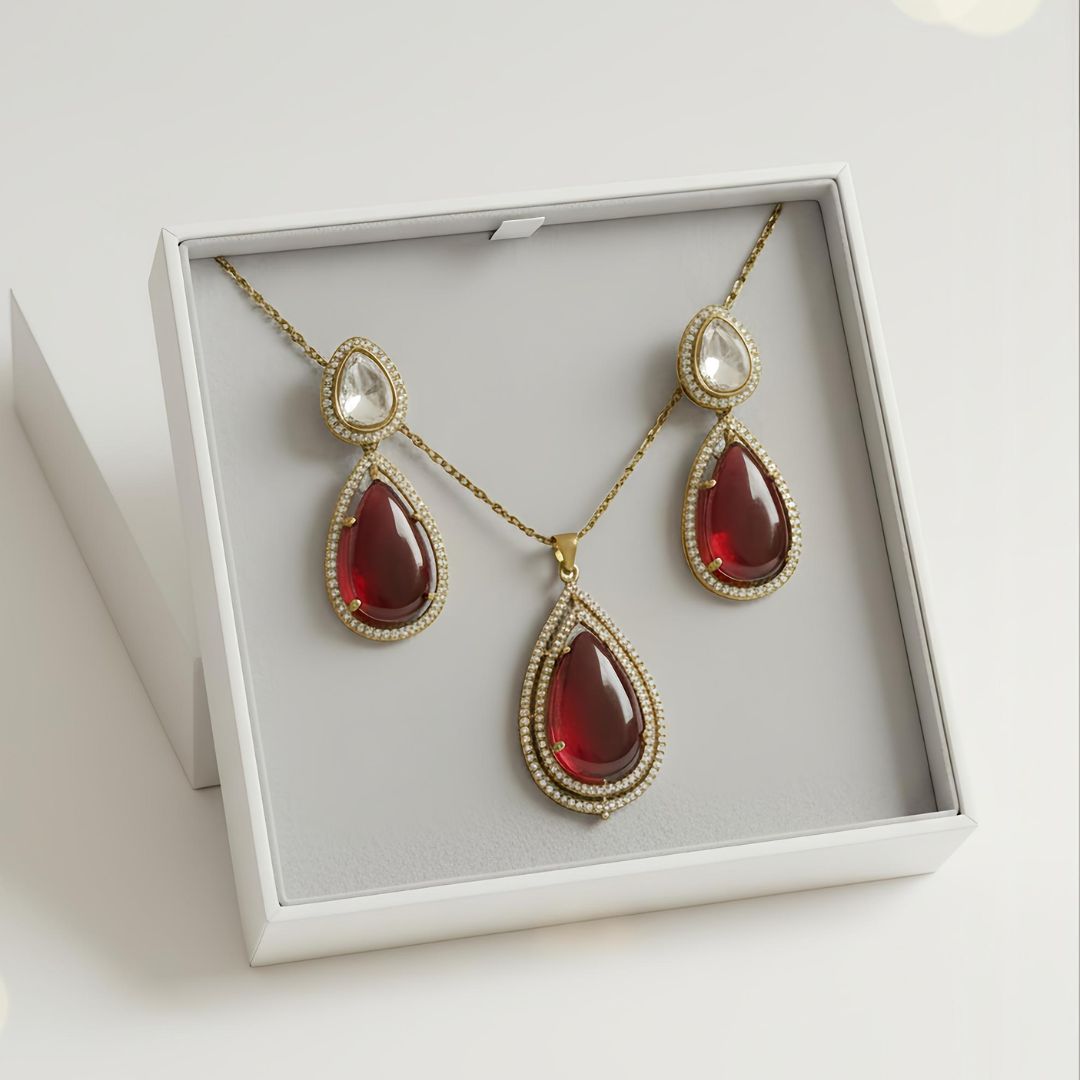 Vintage Red Long Stone Statement Necklace and Earrings Set for Women
