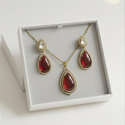 Vintage Red Long Stone Statement Necklace and Earrings Set for Women