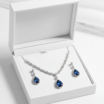 Elegant Sapphire Necklace and Earrings Set with AD Stones in Brass for Women