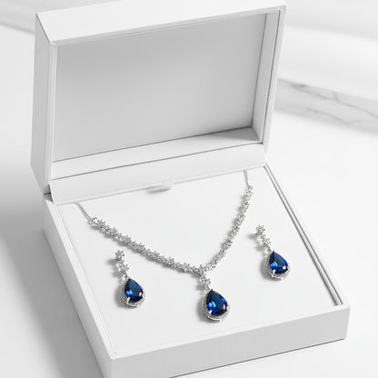 Elegant Sapphire Necklace and Earrings Set with AD Stones in Brass for Women