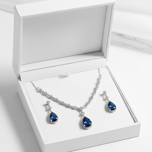 Elegant Sapphire Necklace and Earrings Set with AD Stones in Brass for Women