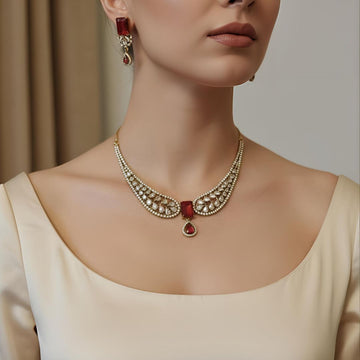 Red Stone Wing Statement Necklace with AD Stones in Golden Polish for Women