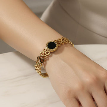 Black-Centered Gold Pleated Stainless Steel Bracelet