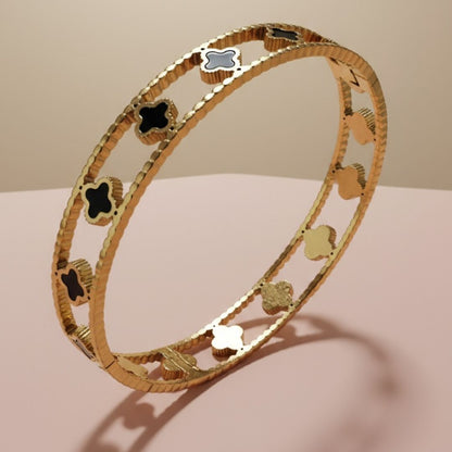 Black and Gold Clover Stainless-Steel Gold-Plated Bangle – Premium Waterproof & Tarnish-Free Bracelet