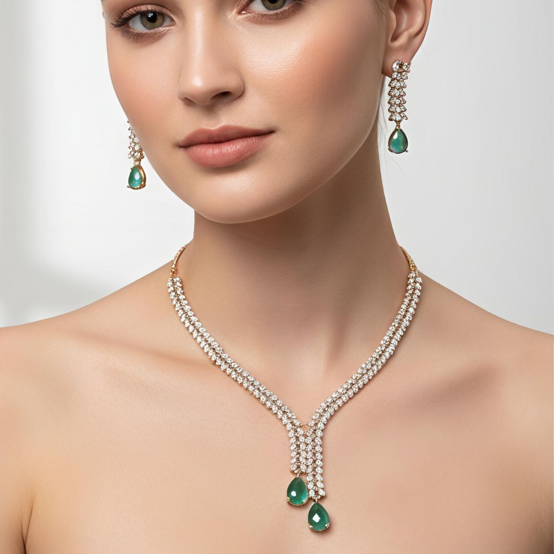 V-Neck AD Stone Necklace for Women with Green Stone | Elegant Golden Finish Jewelry