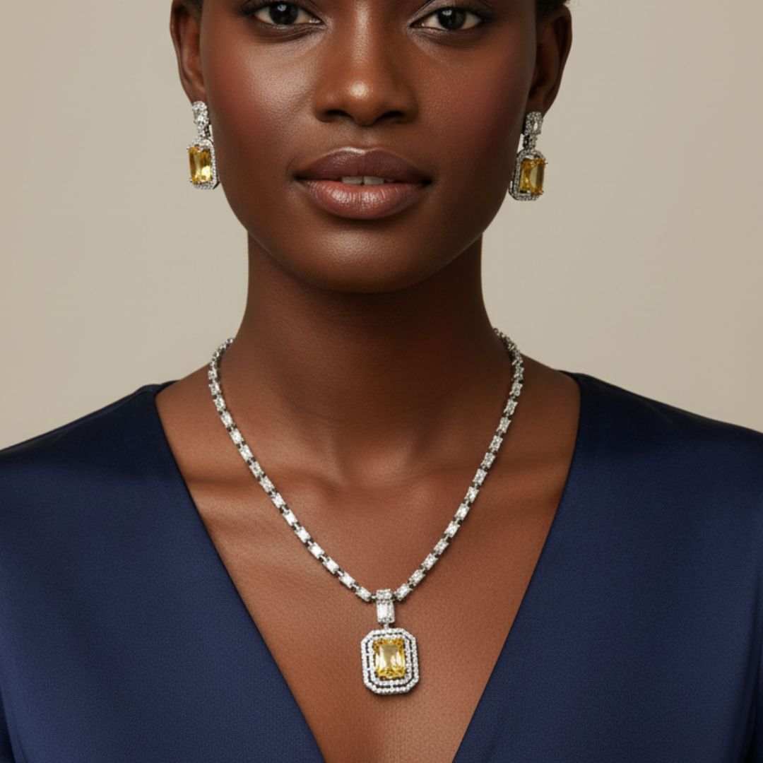 Rectangle Pendant AD Necklace Set – Silver Plated in Yellow