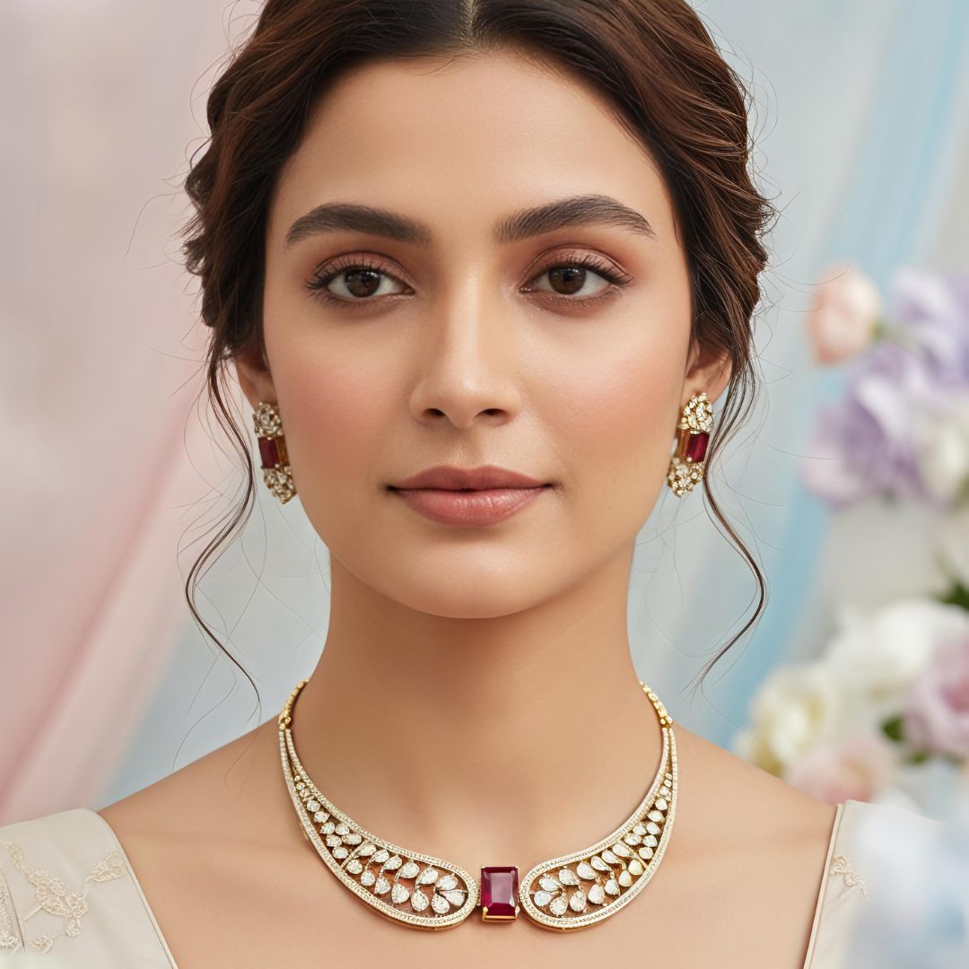 Red Stone Wing Statement Necklace Set with AD Stones in Golden Polish for Women