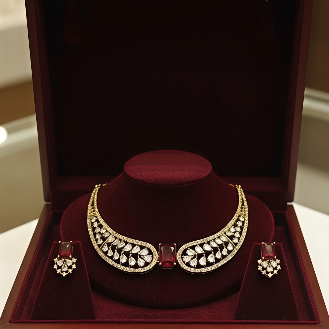Red Stone Wing Statement Necklace Set with AD Stones in Golden Polish for Women