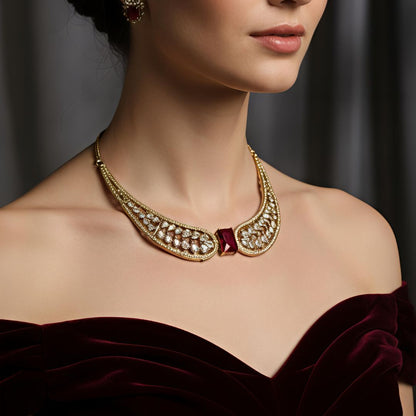 Red Stone Wing Statement Necklace Set with AD Stones in Golden Polish for Women