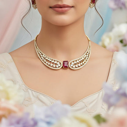 Red Stone Wing Statement Necklace Set with AD Stones in Golden Polish for Women