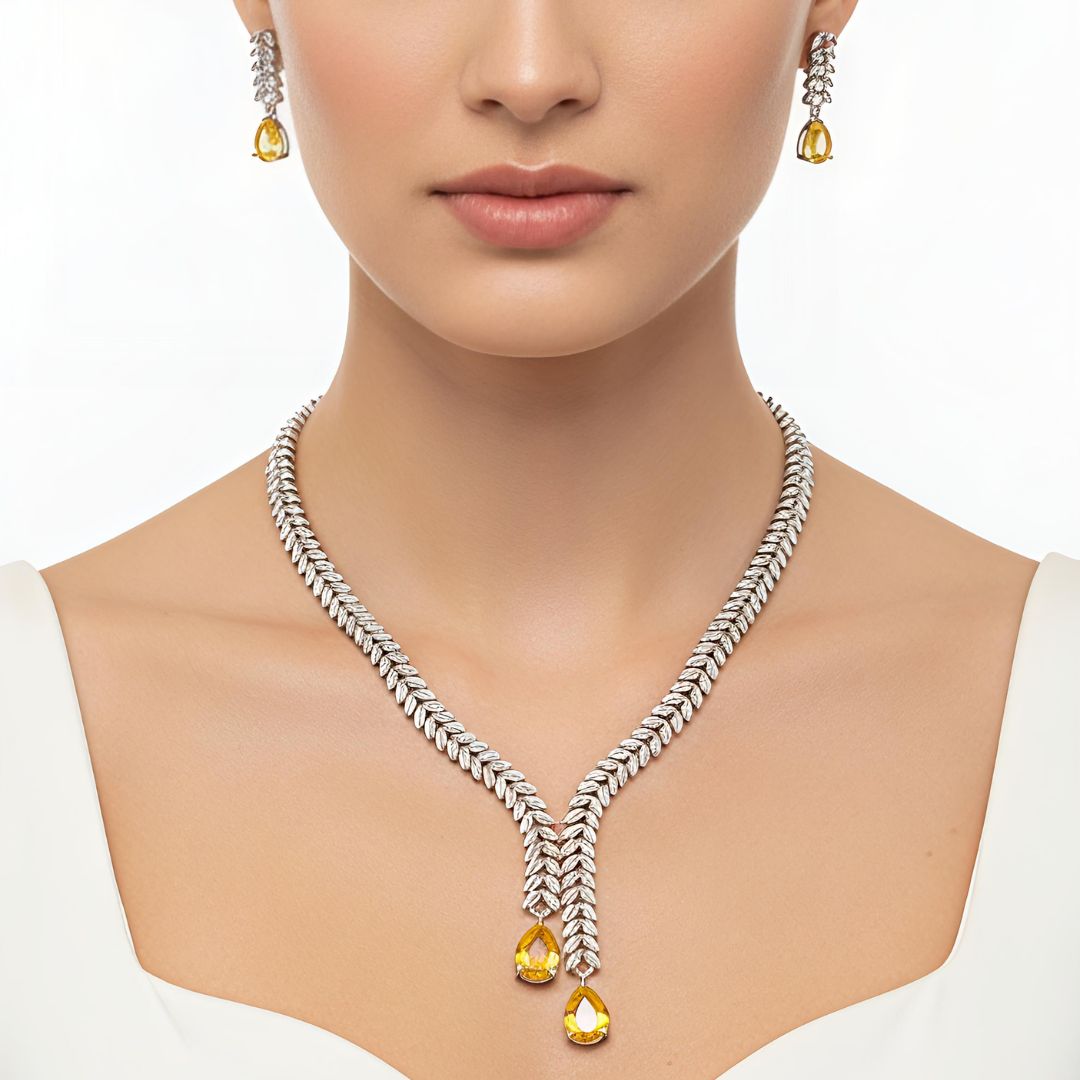 V-Neck AD Stone Necklace Set for Women | Elegant Silver Finish Jewelry