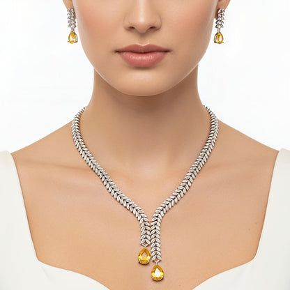 V-Neck AD Stone Necklace Set for Women | Elegant Silver Finish Jewelry