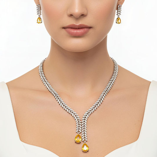 V-Neck AD Stone Necklace Set for Women | Elegant Silver Finish Jewelry