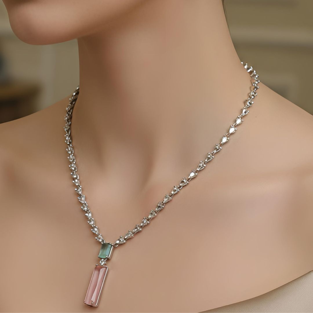 V-Neck AD Stone Necklace Set for Women | Elegant Silver Finish Jewelry- Pink and Mint Green
