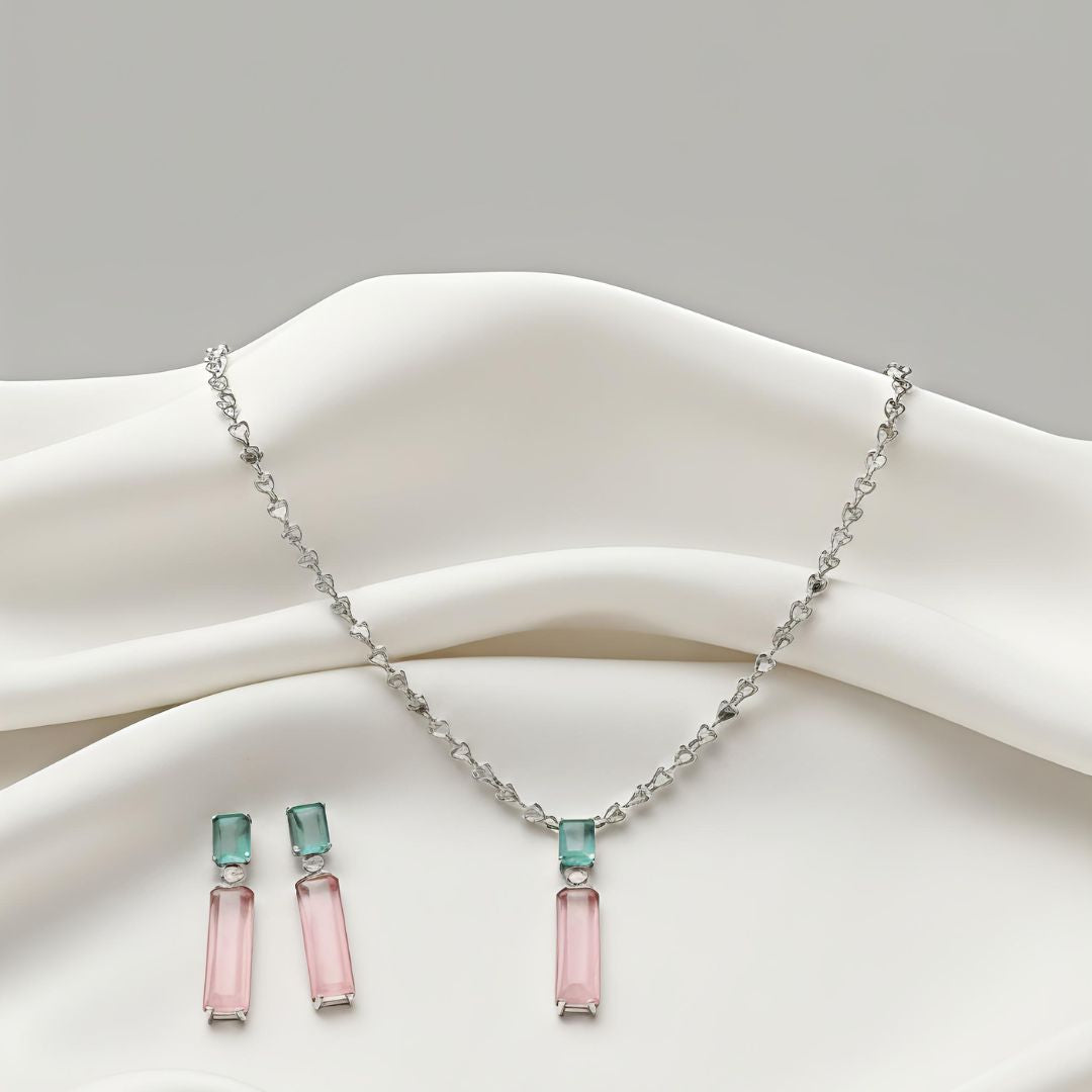 V-Neck AD Stone Necklace Set for Women | Elegant Silver Finish Jewelry- Pink and Mint Green