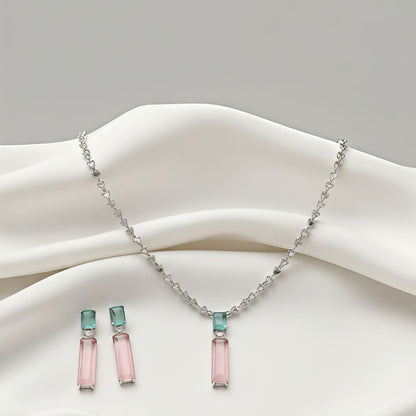 V-Neck AD Stone Necklace Set for Women | Elegant Silver Finish Jewelry- Pink and Mint Green