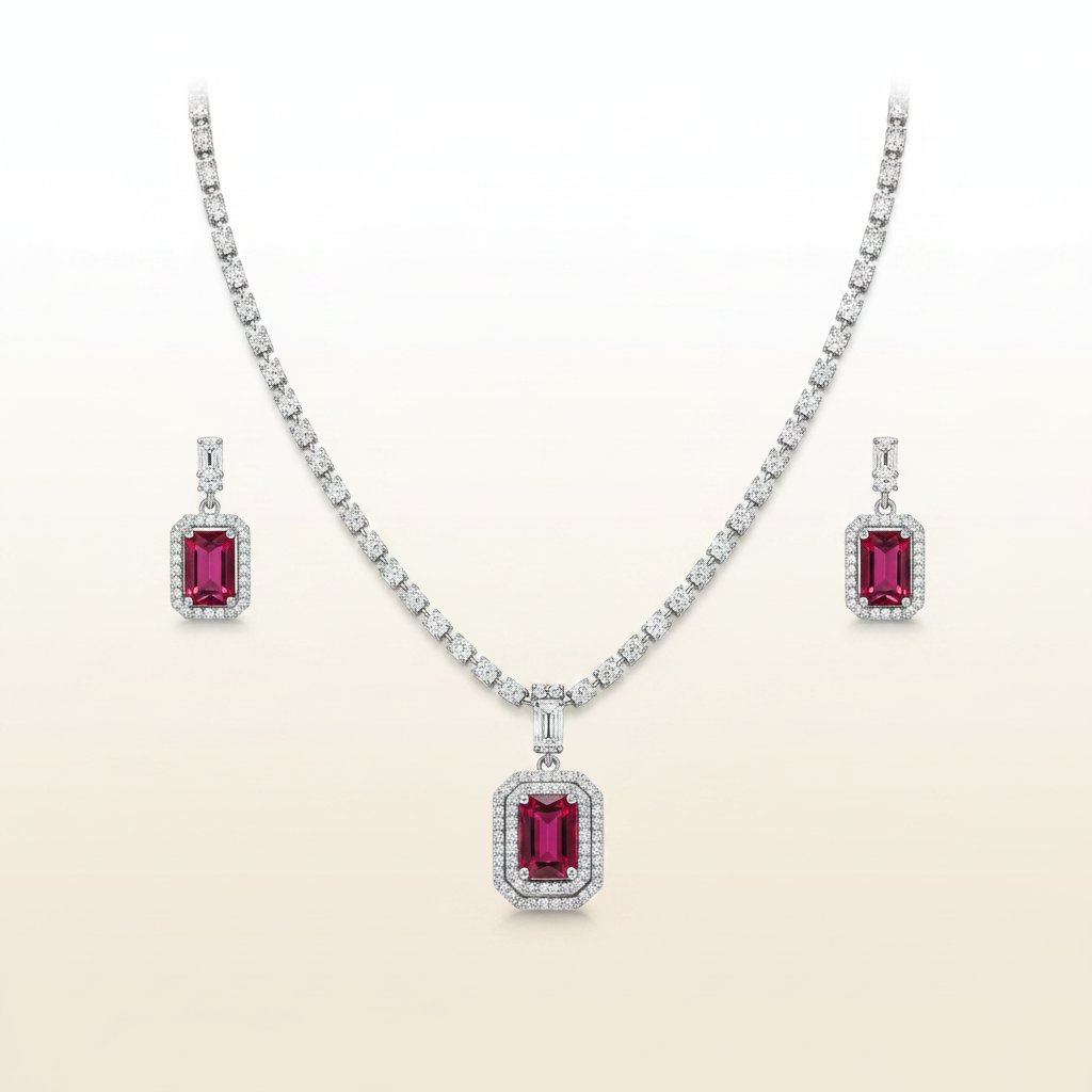 Red Rectangle Pendant AD Necklace Set – Silver Plated