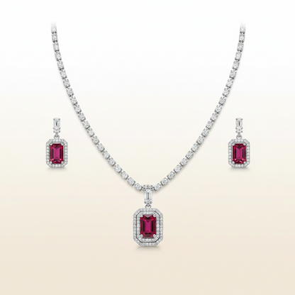 Red Rectangle Pendant AD Necklace Set – Silver Plated
