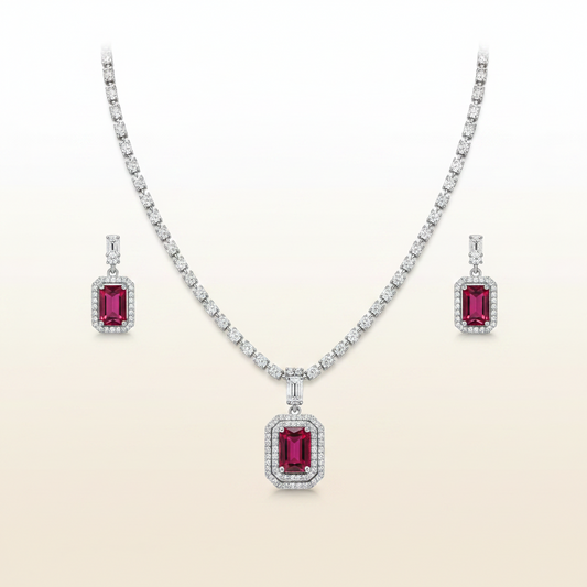Red Rectangle Pendant AD Necklace Set – Silver Plated