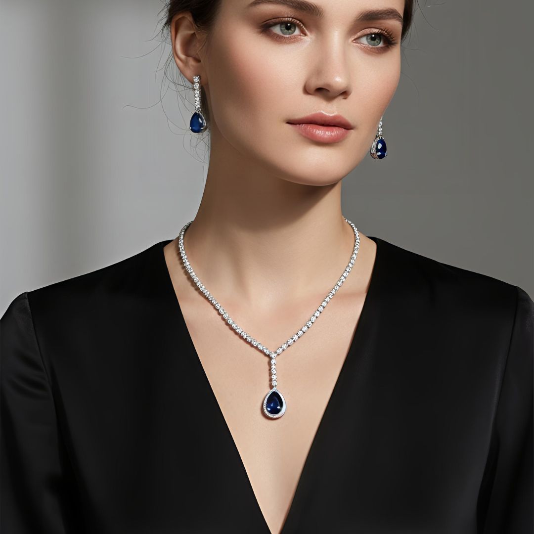 V-Neck AD Stone Necklace Set for Women | Elegant Silver Finish Jewelry - Blue