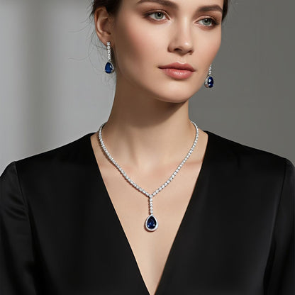 V-Neck AD Stone Necklace Set for Women | Elegant Silver Finish Jewelry - Blue