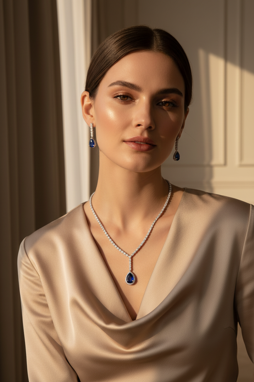 V-Neck AD Stone Necklace Set for Women | Elegant Silver Finish Jewelry - Blue