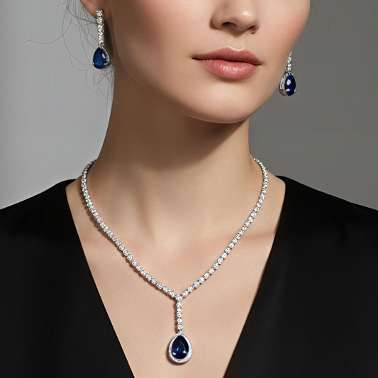 V-Neck AD Stone Necklace Set for Women | Elegant Silver Finish Jewelry - Blue