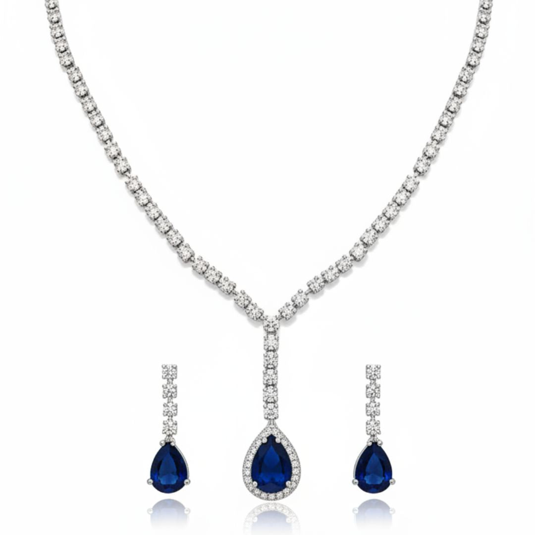 V-Neck AD Stone Necklace Set for Women | Elegant Silver Finish Jewelry - Blue