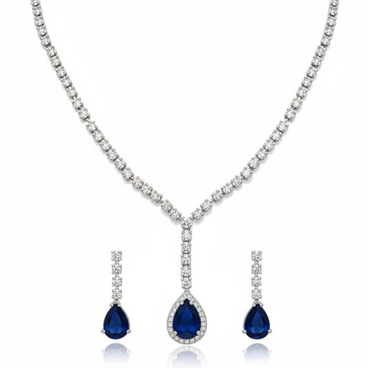 V-Neck AD Stone Necklace Set for Women | Elegant Silver Finish Jewelry - Blue