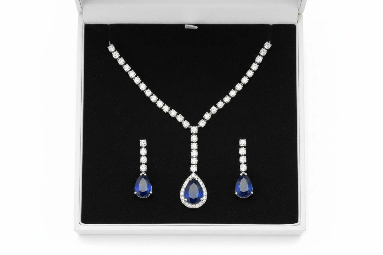 V-Neck AD Stone Necklace Set for Women | Elegant Silver Finish Jewelry - Blue