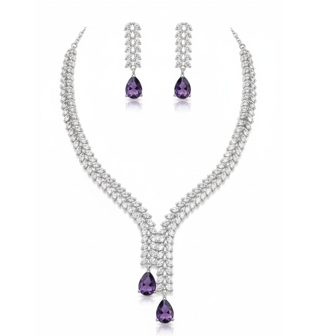 V-Neck AD Stone Necklace Set for Women | Elegant Silver Finish Jewelry in Lavender