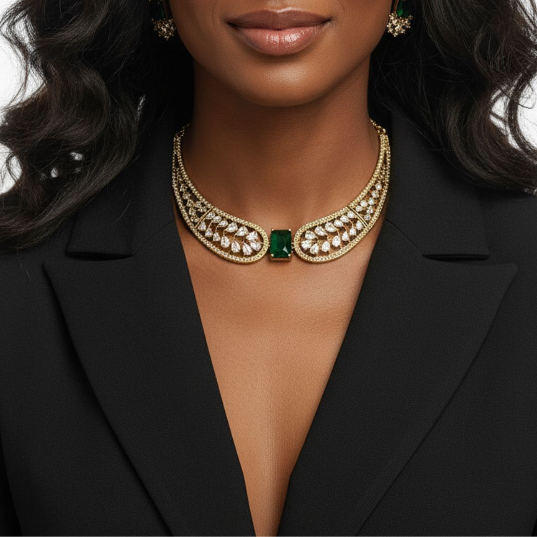 Green Stone AD Wing Necklace Set with Earrings | Gold Polish Jewelry for Women