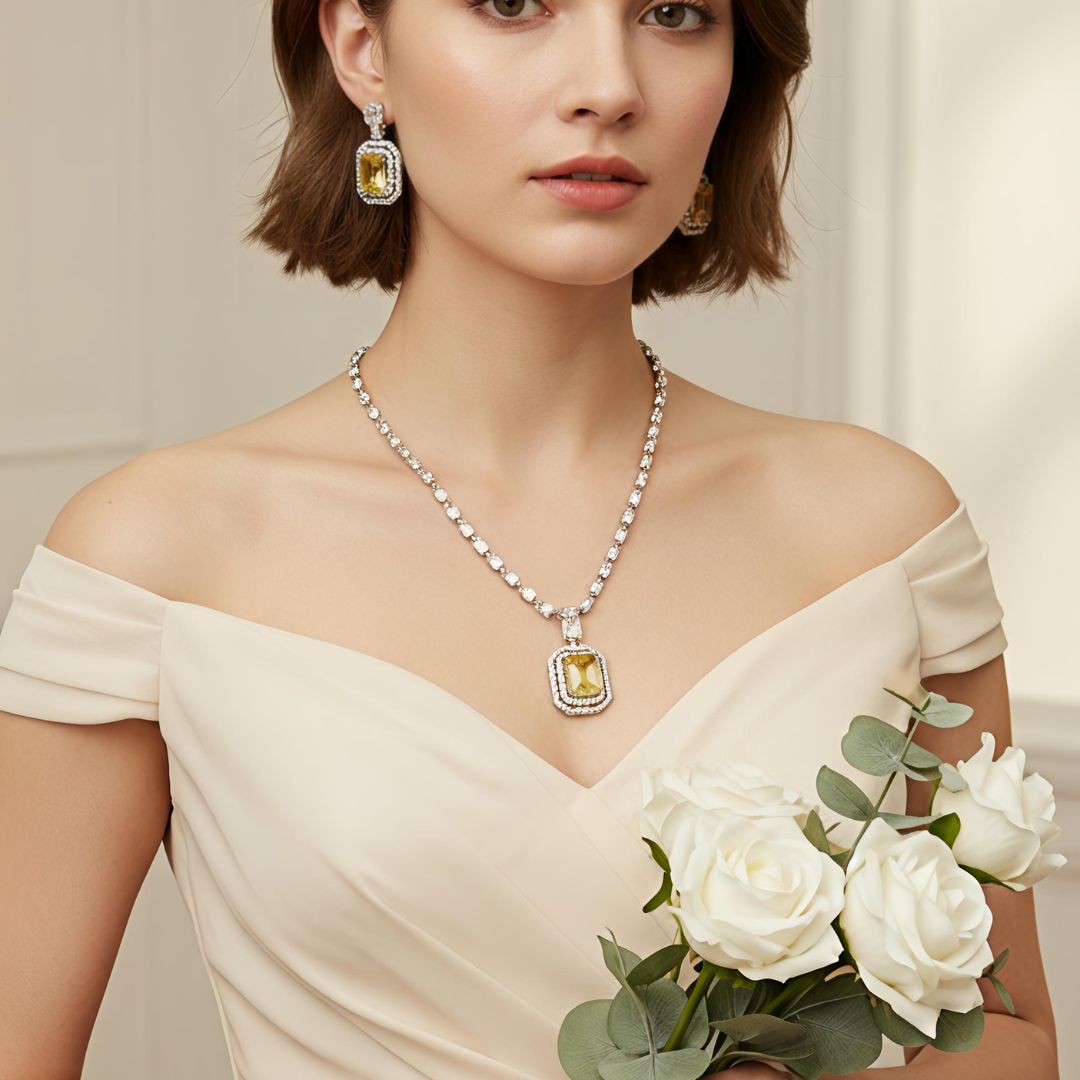 Rectangle Pendant AD Necklace Set – Silver Plated in Yellow