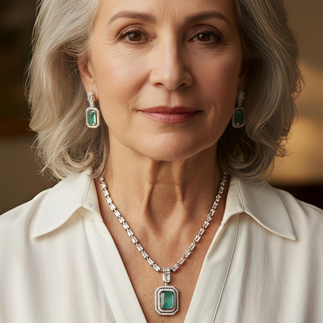 V-Neck AD Stone Necklace Set for Women | Elegant Silver Finish Jewelry - Mint Green