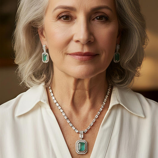 V-Neck AD Stone Necklace Set for Women | Elegant Silver Finish Jewelry - Mint Green